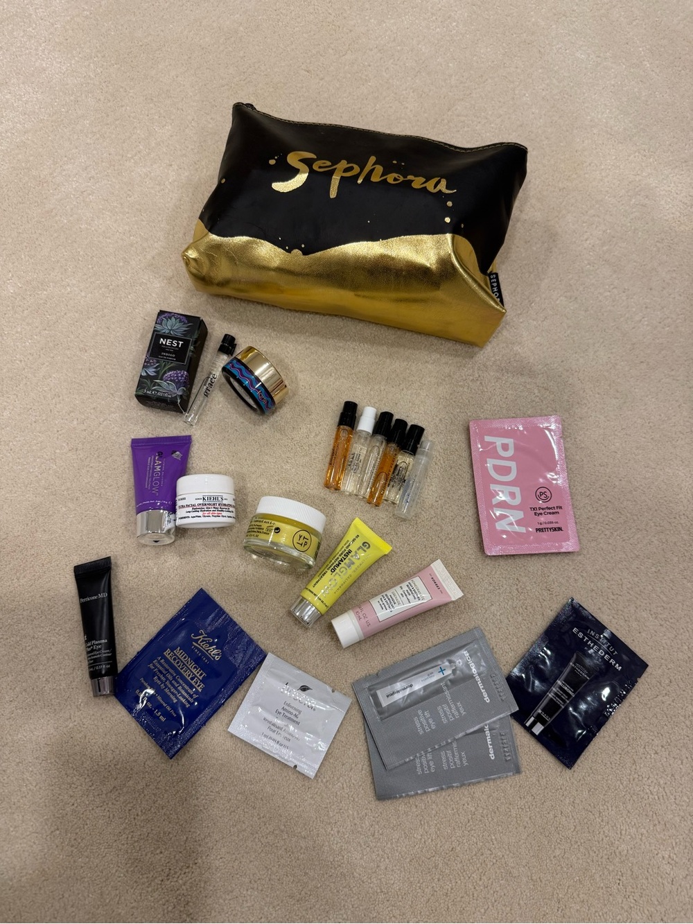 Sephora Black and Gold Cosmetic Pouch with Assorted Sample Skincare & Fragrance